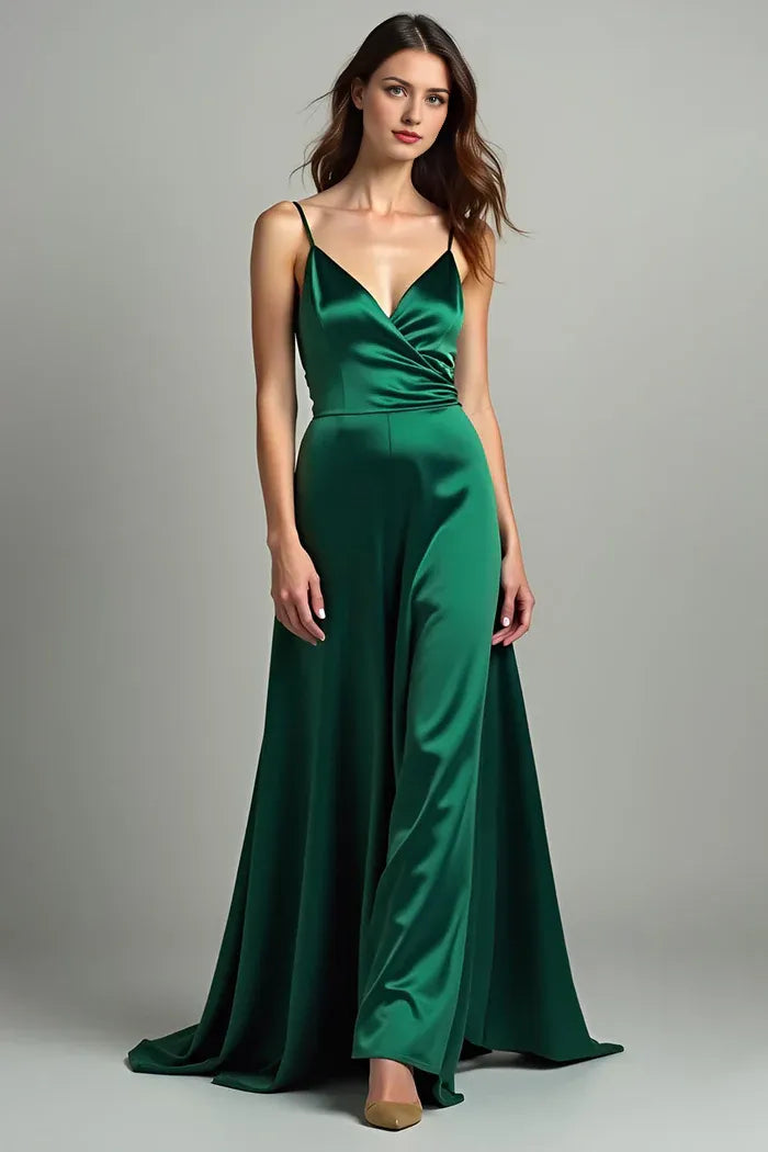 Robe de bal Weitese vert foncé en satin à bretelles spaghetti et lacets